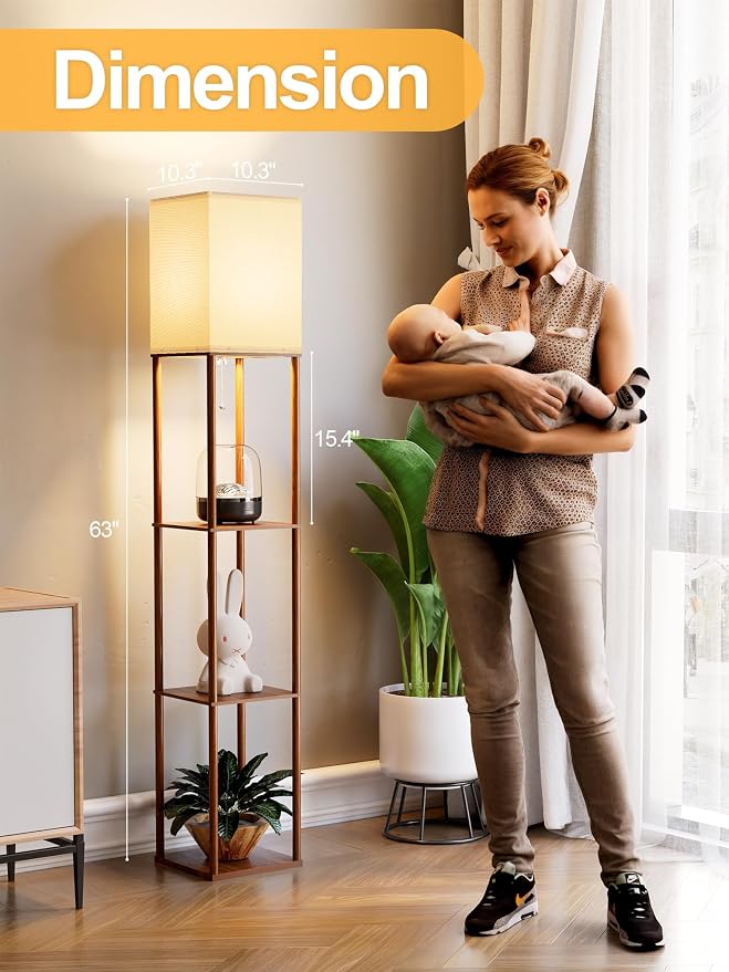 Floor Lamp with Shelves for Living Room Walnut Brown, Shelf Floor Lamp with 3 CCT LED Bulb, Corner Display Standing Column Lamp Etagere Organizer Tower Nightstand with White Linen Shade for Bedroom