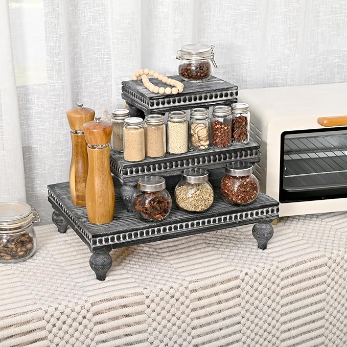 Swallowliving 3 Pcs Set Farmhouse Wood Risers for Display Decorative, Rustic Shabby Chic Tiered Tray for Kitchen Counter, Coffee Bar Table, Dining Room, Wooden Rectangle Beaded Pedestal Stand for Food, Black