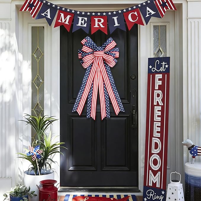 2PCS Large 4th of July Patriotic Bows for Wreath with Red White & Blue Stripe Stars Design for Front Door, Outdoor & Indoor Independence Day Decor