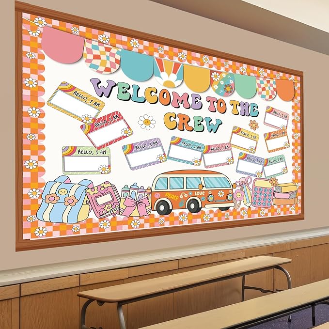 Pajean Welcome to The Crew Bulletin Board Set Groovy Back to School Classroom Decorations Retro Hippie Name Tags Cutouts with Groovy Daisy Borders for Door Wall Chalkboard Decor Preschool Supplies