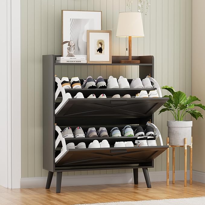 32" W Farmhouse Shoe Storage Cabinet with 2 Flip Drawers and Barn Door Design, Adjustable Shelves, Modern Hidden Slim Narrow Shoe Rack Cabinet for Entryway, Foyer, Hallway, Living Room, Black