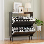 32" W Farmhouse Shoe Storage Cabinet with 2 Flip Drawers and Barn Door Design, Adjustable Shelves, Modern Hidden Slim Narrow Shoe Rack Cabinet for Entryway, Foyer, Hallway, Living Room, Black