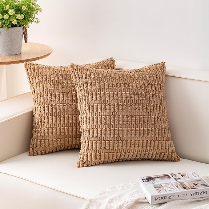 Aegero Pack of 2 Corduroy Decorative Throw Pillow Covers 16x16 Inch Soft Striped Pillow Covers Modern Farmhouse Home Decor for Sofa Living Room Couch Bed（Coffee）