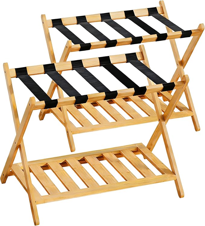 Full Assembled Luggage Rack Set of 2, Bamboo Luggage Holder Rack for Guest Room, 26.77" L Folding Suitcase Stand with 5 Nylon Straps & Storage Shelf for Bedroom Hotel (2 Pack - Natural)