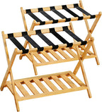 Full Assembled Luggage Rack Set of 2, Bamboo Luggage Holder Rack for Guest Room, 26.77" L Folding Suitcase Stand with 5 Nylon Straps & Storage Shelf for Bedroom Hotel (2 Pack - Natural)
