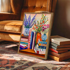 Vintage Floral Book Wall Art Color Book Still Life Wall Decor Painting Pictures Fashion Flower Bookshelf Poster Canvas Print Artwork for Bedroom Living Room 12x16 inch Wood Framed