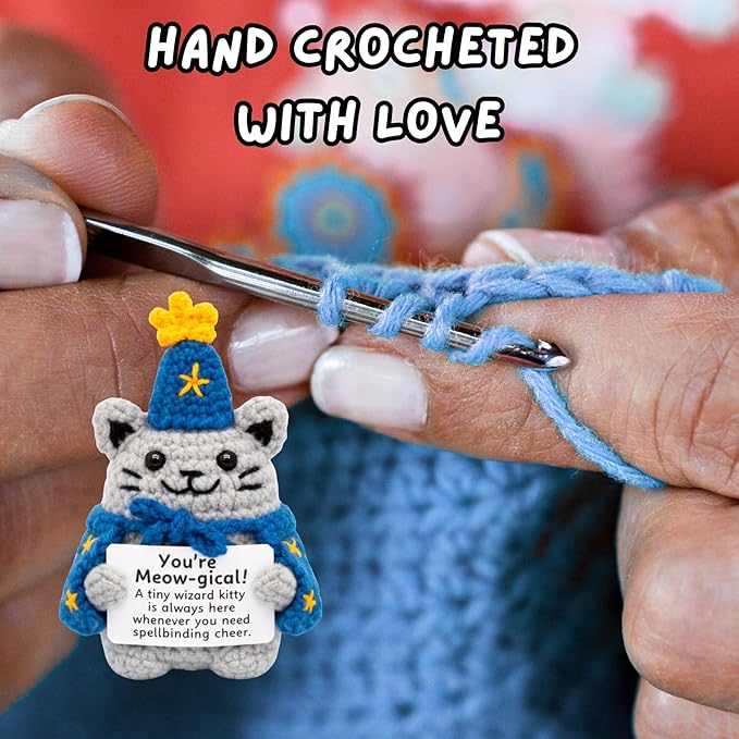 Handcrafted Crochet Witch Doll, Small 2.5x1.5x4 Inch Decorative Plush Figure, Yarn Material, Magical Theme, Inspirational Signs, for Ages 13+ (Cat Wizard)