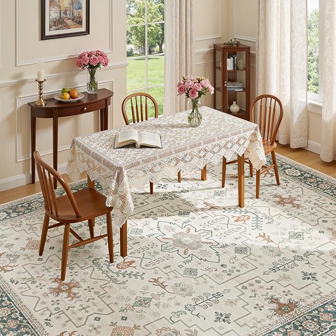 Lessymo 8x10 Washable Rug for Living Room, Cream Green Area Rug for Bedroom Dining Home Office Nursery Room, Soft Non-Slip Vintage Floral Oushak Carpet, Boho Tribal Farmhouse Decor
