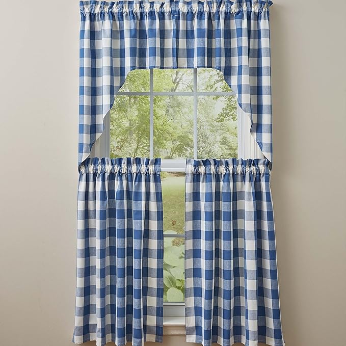 Park Designs China Blue Buffalo Check Swag Pair | Cotton Light Filtering Window Valance Curtains | Rod Pocket Farmhouse Drapes for Kitchen Dining Living Room Country Decor | 72" x 36"