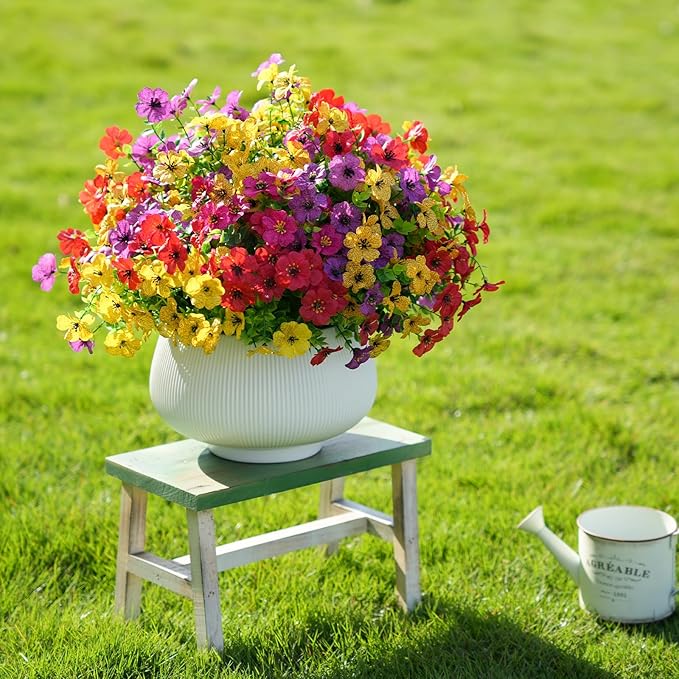 16 Bundles Artificial Flowers for Outdoor Realistic Faux Flower Spring Summer Garden Home Decoration, Hanging Daisy with Eucalyptus Leaves Fake Plants Greenery Balcony Porch Patio Front Door Decor