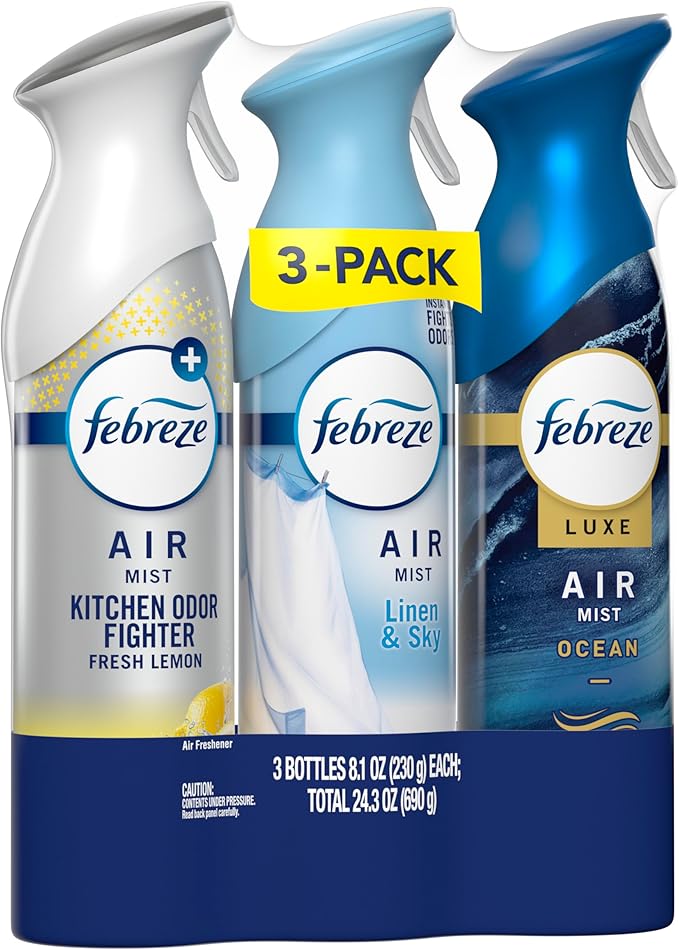 Febreze Air Mist, Air Freshener Spray, Odor Fighting Room Spray, Deodorizer for Home Bathroom Kitchen Office Apartment Dorm Room Classroom, Kitchen Base Mix, 8.1oz, 3ct