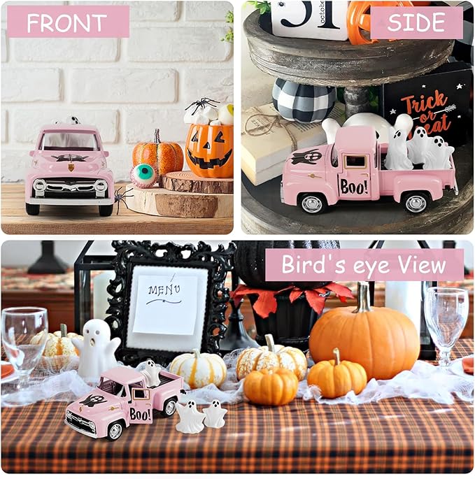 Halloween Truck Decor, Pink Halloween Ghost Truck Decorations for Home Indoor, Mini Cute Ghost Tiered Tray Decor, Farmhouse Kitchen Tabletop Centerpiece Decorations