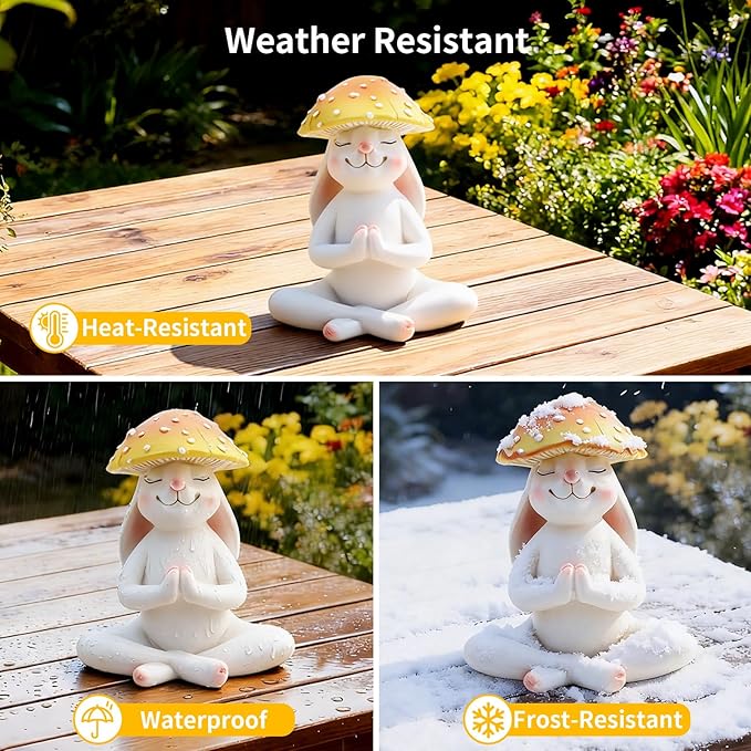 Meditation Mushroom Resin Statues – Cute Yoga Mushroom Figurines for Desk, Home, Office & Garden Decor – Zen Resin Sculptures for Living Room, Patio, Tabletop & Backyard (1 Pack, Rabbit)