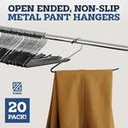 Zober Pants Hangers Non Slip - 20 Pack Open Ended Pants and Jean Hangers for Closet - Space Saving Clothes Hanger - Strong, Durable, Metal Pant Hangers (Black)