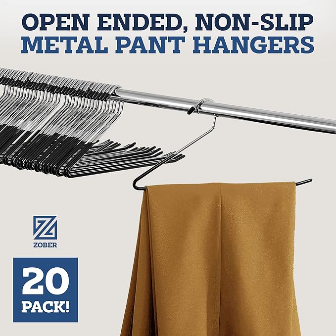 Zober Pants Hangers Non Slip - 20 Pack Open Ended Pants and Jean Hangers for Closet - Space Saving Clothes Hanger - Strong, Durable, Metal Pant Hangers (Black)