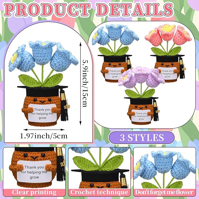 Wavwavw 3 Pack Teacher Appreciation Gift Positive Flower Handmade Crochet Doll Thank You for Helping Me Grow Gifts Back to School Gifts for Women Teacher(Flower with Grad Cap)