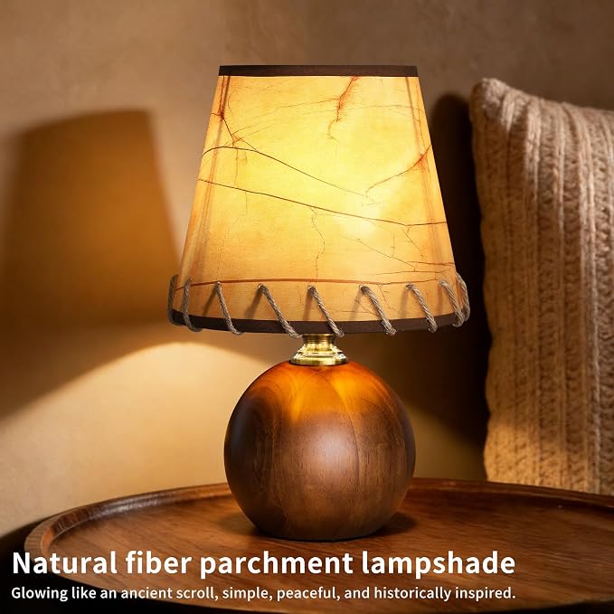 Mid-Century Modern Table Lamp, Spherical Solid Walnut Wood Base, Imitation Parchment Shade with Hand-Stitched Rope, 3-Color Dimmable LED Bedside Lamp for Nightstand & Japandi Decor