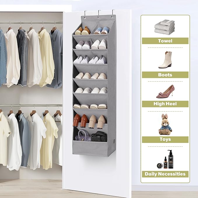 2 Pack Minimalist Grey Over the Door Shoe Organizer with 10 Pockets, Hanging Closet Storage Rack for Shoes, Sneakers, Accessories