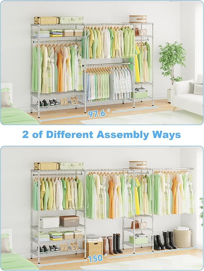 Ulif E11 Heavy-Duty Garment Rack, Metal Freestanding Clothes Rack and Closet Storage Organizer System with 8 Shelves and 4 Hanger Rods, (73.2-97.6)" W x 14.5" D x 71.2" H, Load 1034 LBS, Chrome