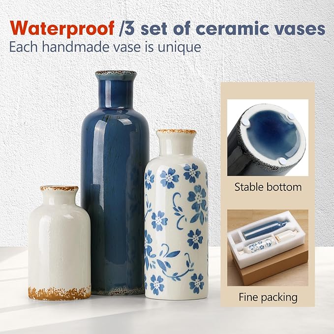 Ceramic Vases Set of 3, Blue and White Flower Decorative Vase for Farmhouse Shelves, Rustic Vase for Table Bookshelf, Living Room