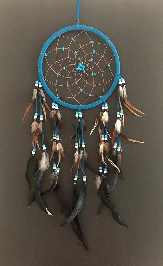 OMA Large Blue Dream Catcher with Turquoise Stones and Feathers, Traditional Dreamcatcher for Bedroom, Living Room, Dorms & Gift - Size – 28” x 9”