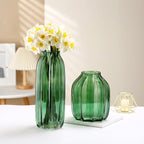 Green Glass Vase for Flowers Bud Tall Glass Vases,H-12.0" Simple Striped Design for Home Floor Decor,Farmhouse Decor, Centerpiece Coffee Table Decorations (Green 12.0IN)
