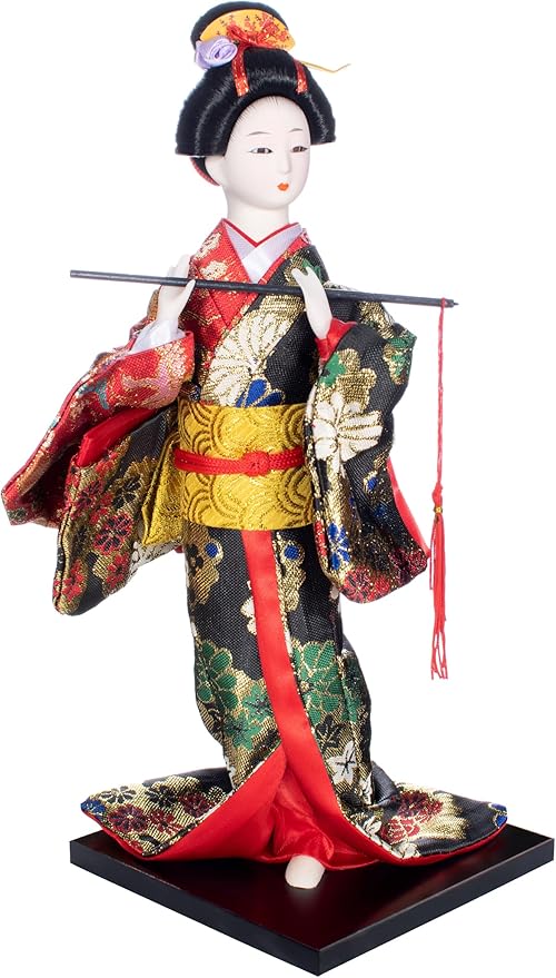 ALAMIYA Home Decoration Asian Japanese Geisha Kimono Doll Collectible Figurine Gift with Paper Fan