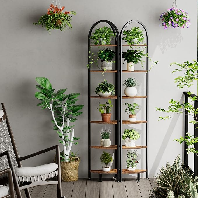 Homhedy 6-Tier Arched Corner Shelf Stand, Wall Corner Bookshelf with Metal Frame, Plant Stand, Industrial Storage Rack Shelf for Living Room, Bedroom, Office, Bathroom, Rustic Brown and Black