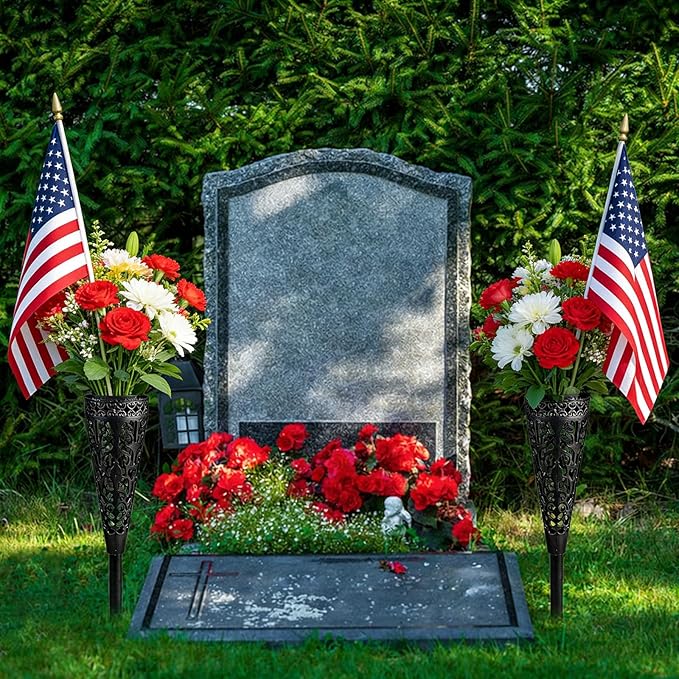 Cemetery Wreath Stands & 2 PCS Cemetery Vase, 38" Christmas Metal Wreath Holder Stand with Cross 3 Pronged Decor, Gravestone Wreath Hanger Headstone Flower Holder for Xmas Memorial Day Graveside Decor