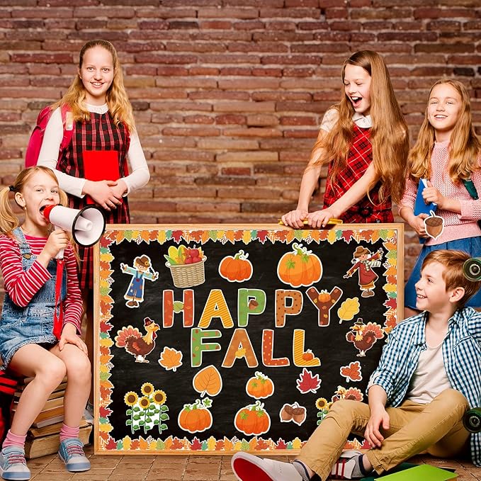 Fall Pumpkin Bulletin Board Decorations Set for Classroom Happy Fall Pumpkin Leaves Paper Cutouts Autumn Bulletin Board with Borders for Thanksgiving Theme Preschool School Classroom Door Wall Decor
