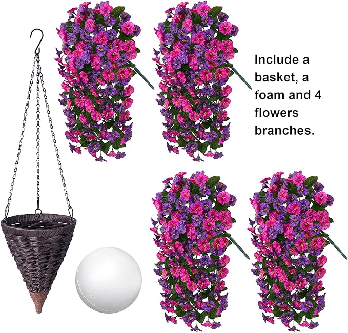 Artificial Fake Flowers Plants Hanging Baskets for Outdoor Outside, Faux Silk Hanging Dark Purple and Fuchsia Morning Glory Trailing Vines UV Resistant Look Real for Porch Patio Home Decoration