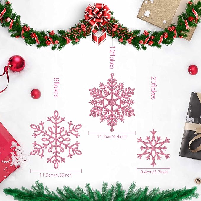 Whaline 40Pcs Pink Glitter Snowflake Winter Snowflake Ornaments Christmas Hanging Decorations with 197 Inches Silver Rope for Wedding Birthday Home Xmas Tree Window Door Accessories