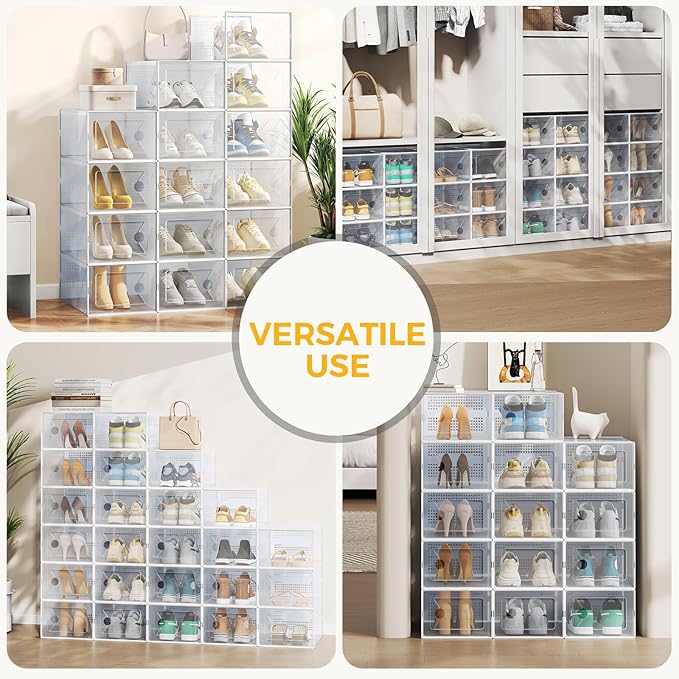 NEWBULIG 12 Pack Clear Shoe Storage Boxes, Shoe Organizer for Closet with Lid, Durable PE Transparent Shoe Containers Ideal for Sneakers, Heels & Boots, White