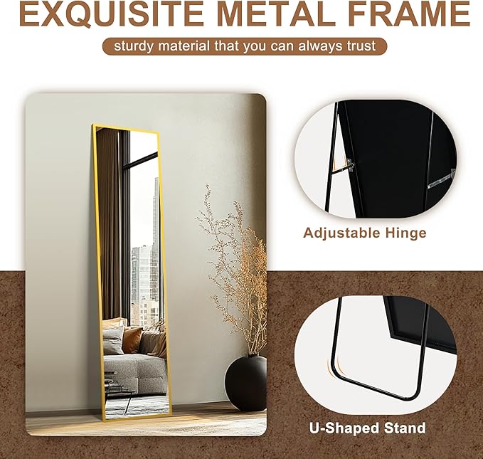 Delma Full Length Mirror,Large Floor Mirror with Aluminum Frame for Bedroom, Bathroom, Living Room,Wall Mount or Freestanding Design(with Stand,Rect 56x15-Gold)