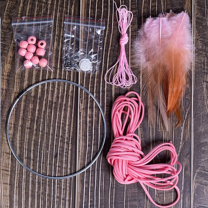 DIY Dream Catcher Beginner Kit, Making Dream Catcher Supplies Include Metal Hoop, Feathers, Faux Suede Cord, Thread, Wood Beads (Pink)