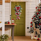 Yunlly 28" Pre Lit Christmas Teardrop Swag Battery Operated Christmas Swag with Lights, Red and White Bowknot, Swirl Candy Cane Ball, Xmas Wreath Ornament for Indoor Outdoor Front Door Decoration