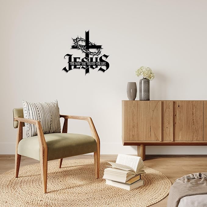 Jesus Wall Art Cross Wall Decor with Crown of Thorns - Metal Christian Wall Art "The Way The Truth The Life" Sign, Black Iron Religious Wall Art & Christian Wall Decor for Home Living Room Church
