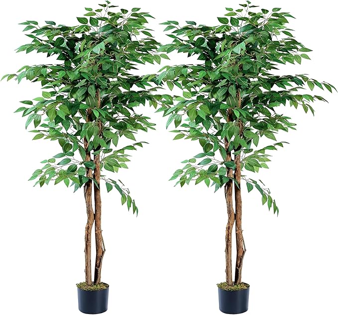 VECELO Artificial Ficus Tree with Sturdy Nursery Pot, 6FT Faux Silk Plant for Indoor Outdoor Home Garden Decor, 2 Pack