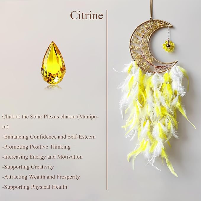 Moon Dream Catchers with Chakra Gemstone Agate Stone, Wealth Luck Crystal Tree Life Dream Catchers Wall Hangings Room Decor(Yellow)