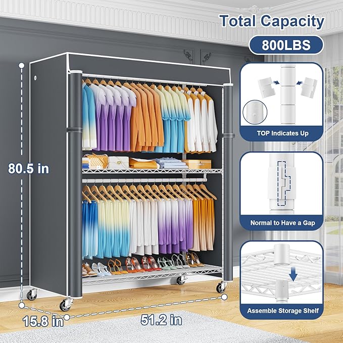 P8C Max Heavy Duty Clothes Rack（With Extended Width Design） Rolling Clothing Racks for Hanging Clothes with Lockable Wheels，51.2" W x 15.8" D x 80.5" H，Load 700LBS，White Rack with Grey Cover
