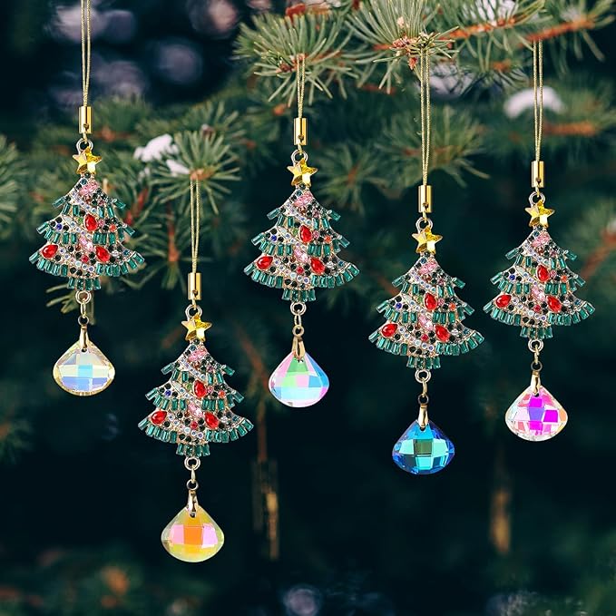5Pcs Hanging Christmas Ornaments Christmas Tree Crystal Drop Pendant for Thanksgiving Xmas Wedding Party Gifts Crystal Suncatchers Indoor Home Decor