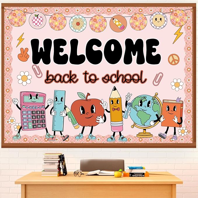 Pajean Welcome Back to School Bulletin Board Set Hippie Retro Classroom Decorations Cute Stationery Apple Cutouts with Groovy Daisy Borders for First Day of School Library Decor Office Supplies