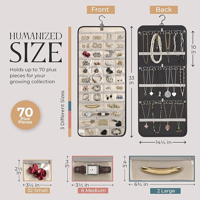 Hanging Jewelry Organizer Storage with Hanger Metal Hooks Double-Sided Jewelry Holder- Wall Mount Holder for Earrings, Necklaces, Rings on Closet, Wall, Door, 1 piece, Large, Charcoal Black