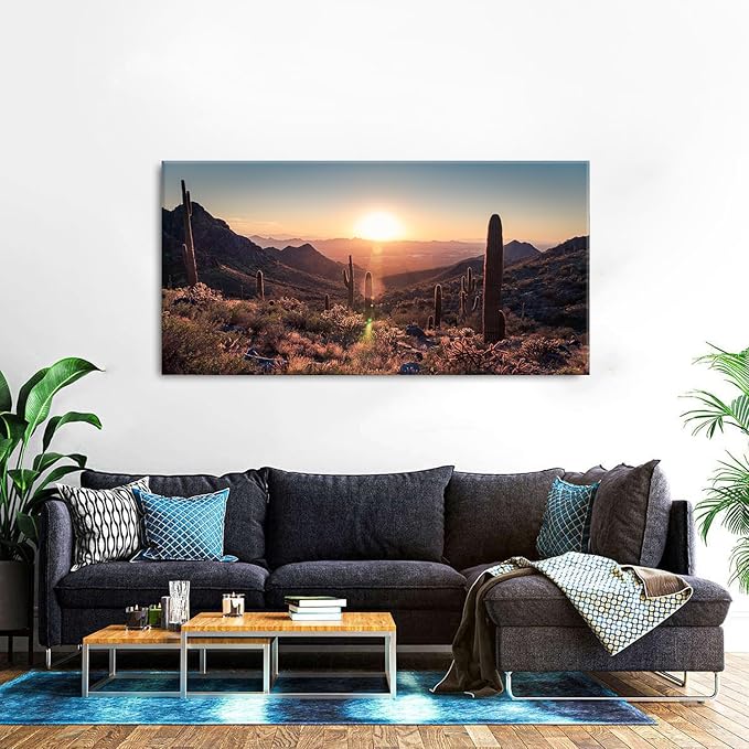 Mountain Wall Art Sunset Cactus Wall Decor Arizona Sonoran Desert Canvas Pictures Saguaro Landscape Photography Prints Western Nature Artwork Living Room Bedroom Office Home Decoration 29.53x 57.87"