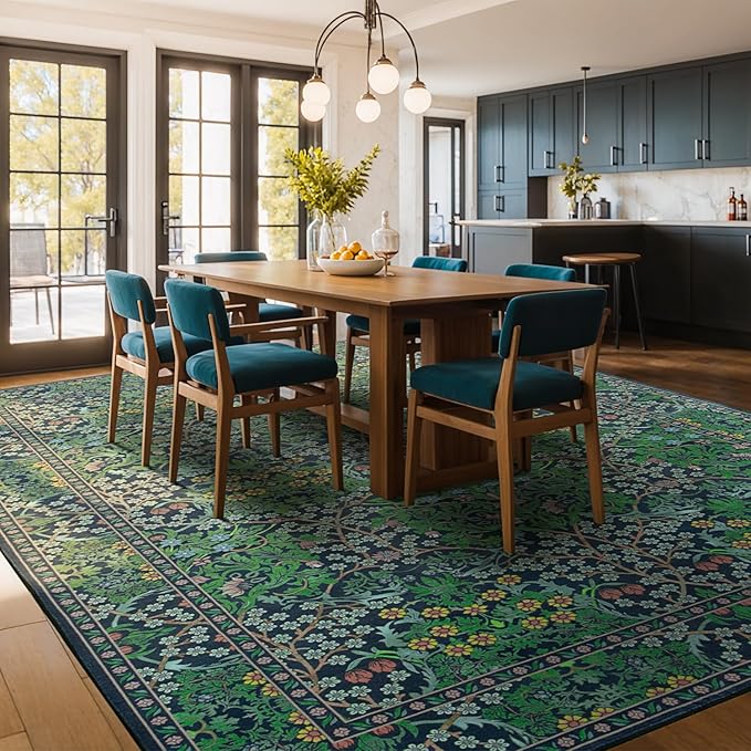 Lessymo Floral Extra Large Area Rug 10x14 for Living Room, Machine Washable Carpet for Bedroom, Soft Low Pile Non-Slip Rug for Dining Room Under Table, Boho Floral Design, Forest Green