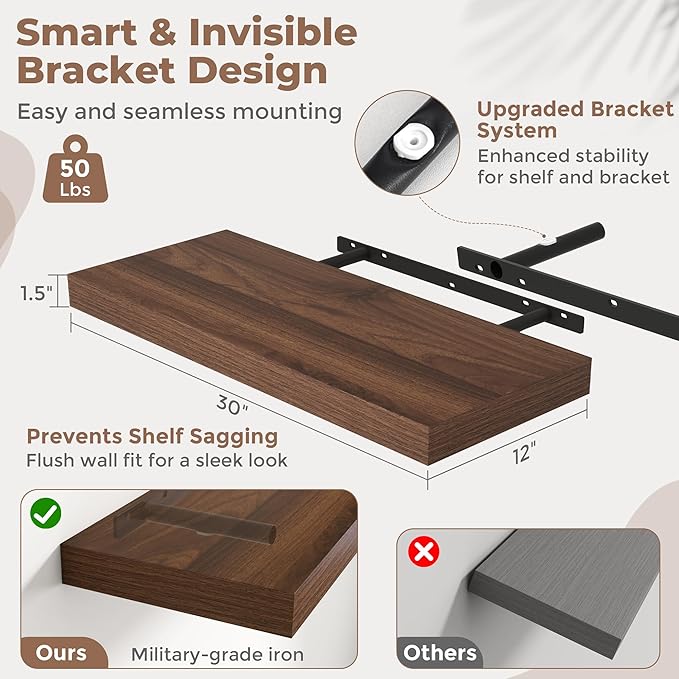 30 Inch Floating Shelves for Wall Set of 2, 12"D Wood Grain Bathroom Shelves with Invisible Brackets, Easy Install Engineered Wood Storage Shelves for Kitchen, Living Room, Bedroom, Walnut Finish
