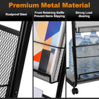 4-Tier Heavy Duty Magazine Display Rack School Furniture - Metal Brochure Holder with 4 Lockable Wheels, Detachable Literature Stand with Back Storage Floor Standing Rack (58.2" H×25" W)