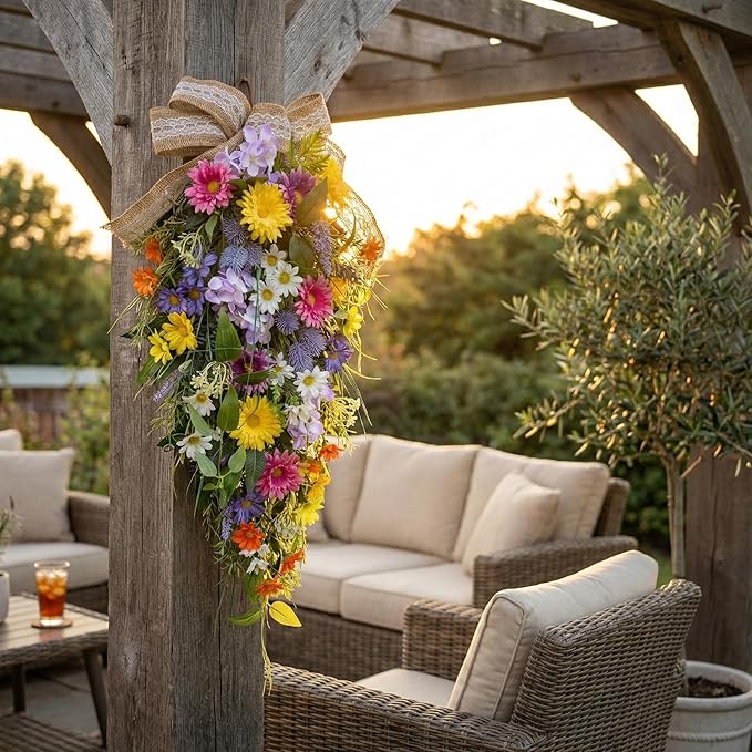 25 Inch Lighted Spring Summer Teardrop Swag with Timer Daisies Wildflower Burlap Bow Farmhouse Floral Decor for Front Door Wall