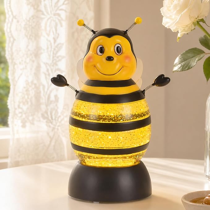 Summer Bee Snow Globe Decor with 6H Timer, Swirling Glitter Bee Snowglobe Spring and Summer Figurine Decorations, USB/Battery Operated, for World Bee Day Spring Holiday Home Decor and Gift