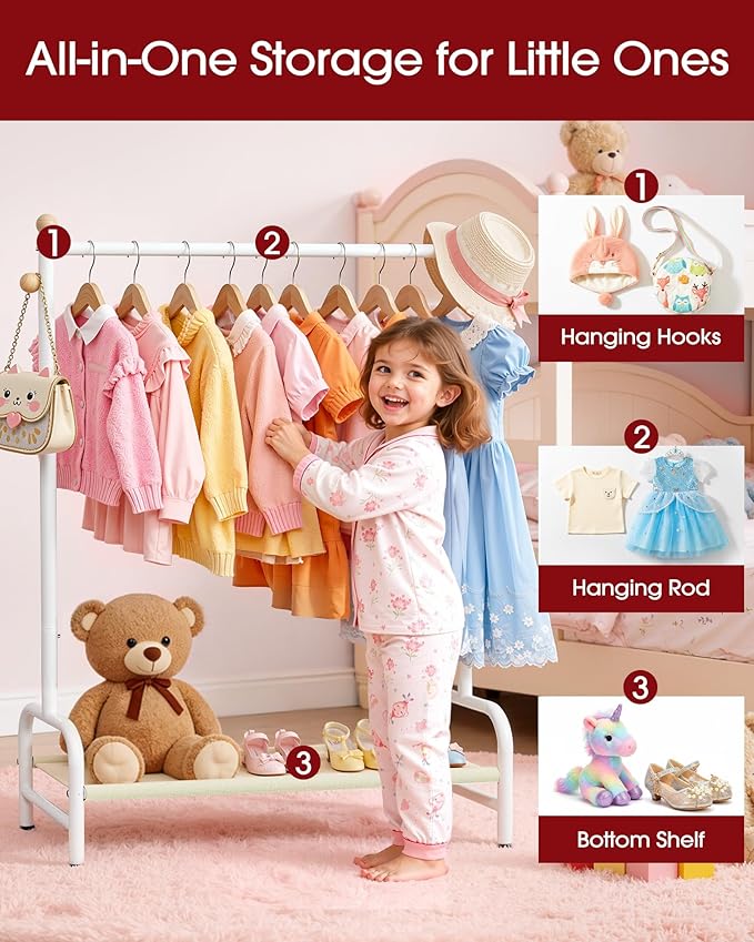 Clothes Rack - Sturdy Metal Kids Clothing Rack with Bottom Storage Shelf & Adjustable Feet, Dress Up Storage for Toddler's Bedrooms, Nurseries, Playrooms, 31" x 12.5" x 47.8", White